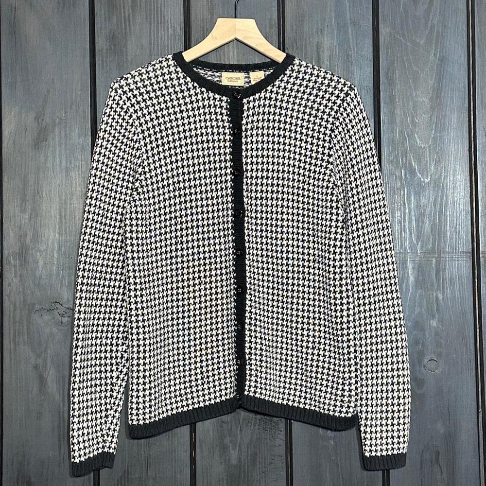 Vintage 90s Cherokee Collection Houndstooth Cardigan Sweater Size L Black White